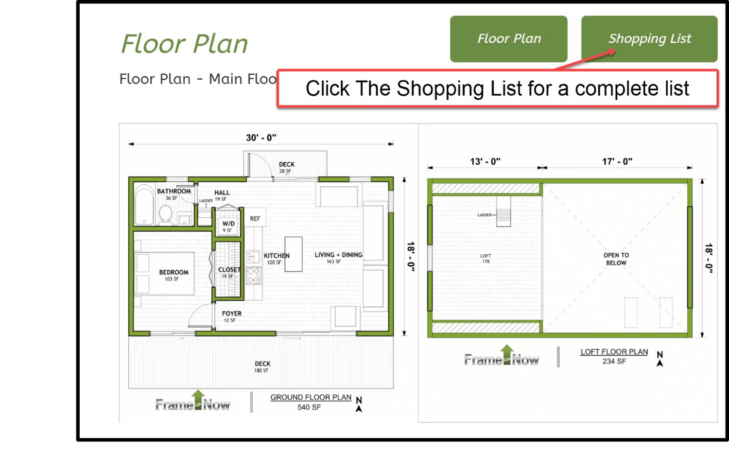 Floor Plan view with a Shopping List tab — click the Shopping List for a complete list of materials