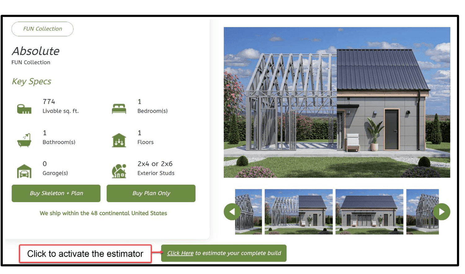 The Absolute model page: Key Specs, Buy Skeleton + Plan, and the Click Here to estimate your complete build link that activates the estimator