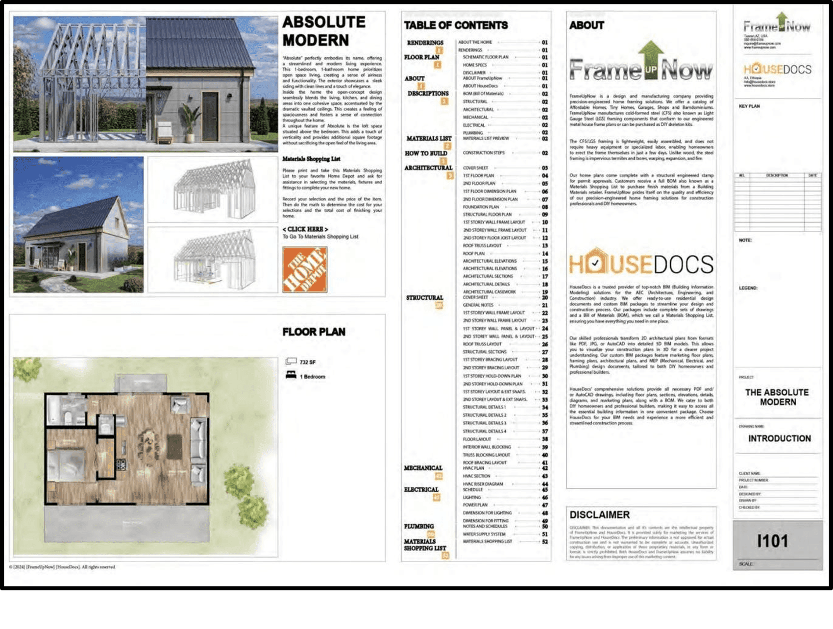 The Absolute Modern engineered plan set: renderings, table of contents, about FrameUpNow and HouseDocs, and title block