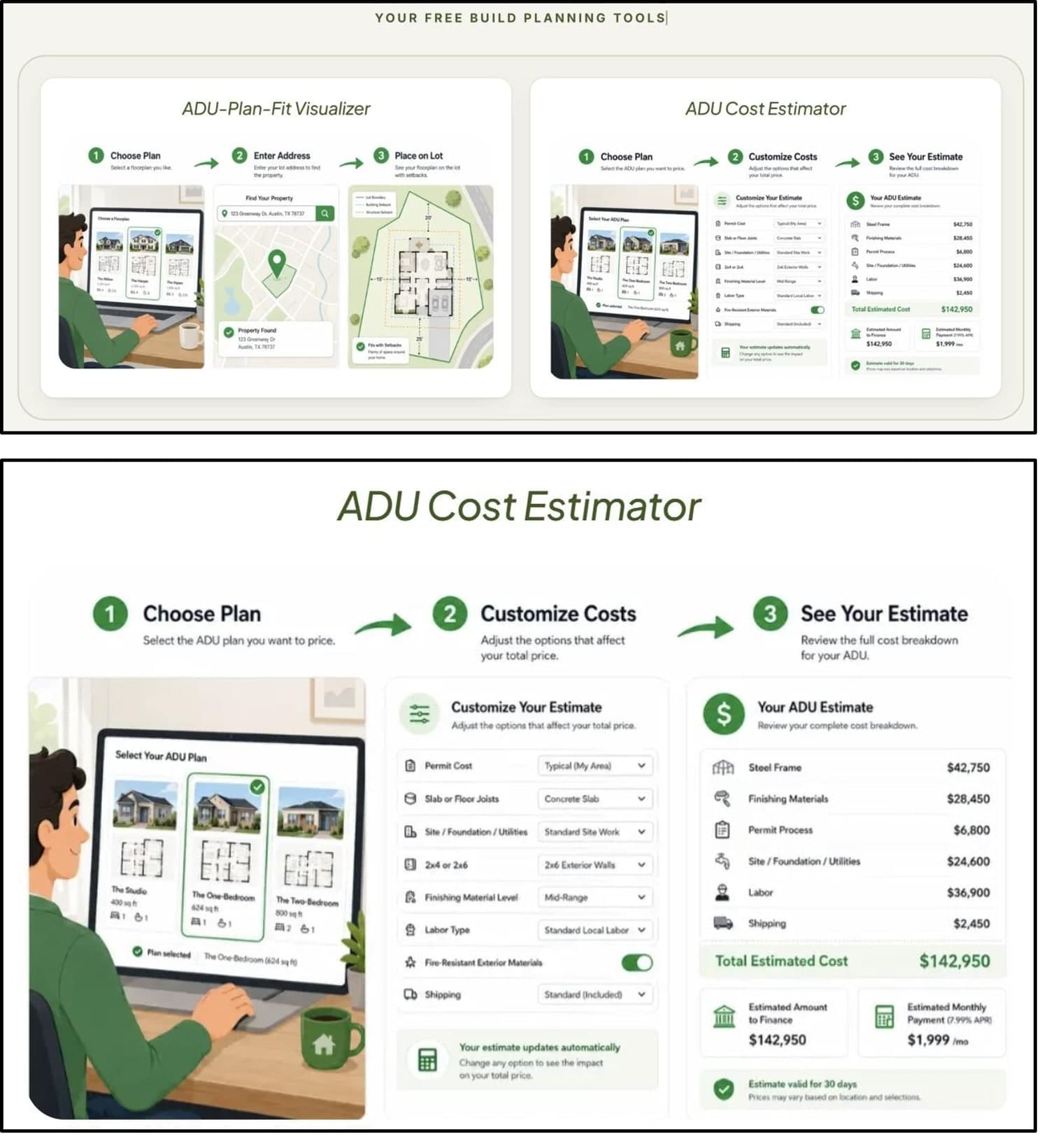 Your free build planning tools: the ADU-Plan-Fit Visualizer and the ADU Cost Estimator